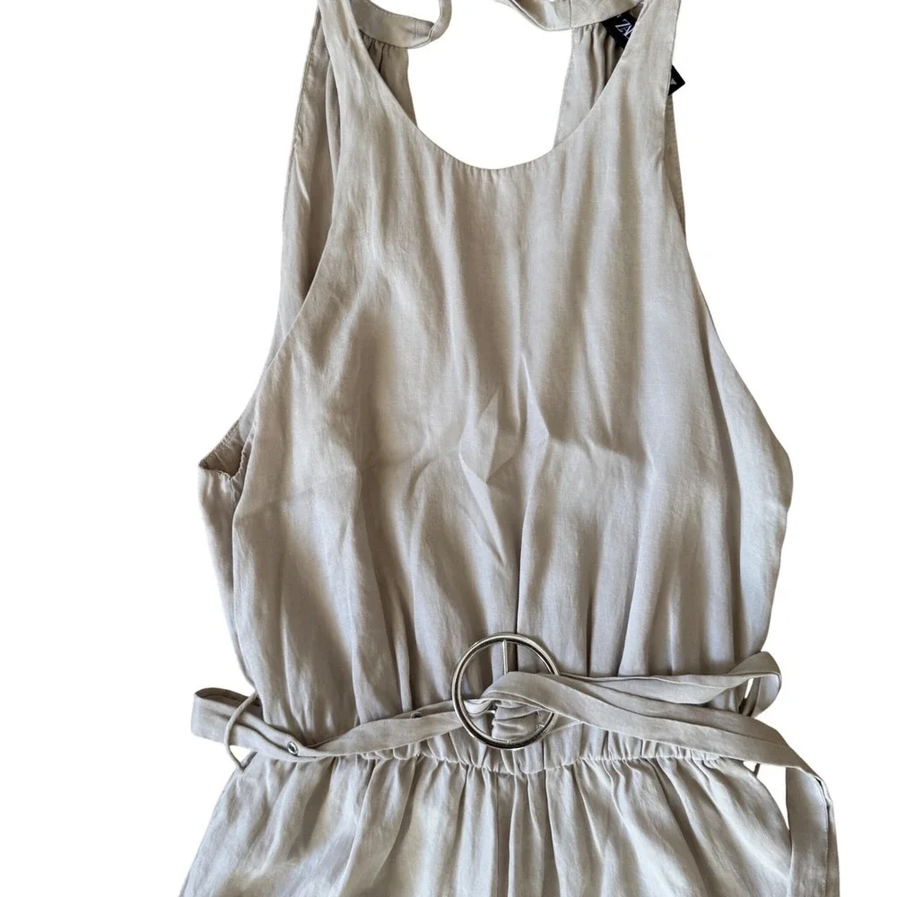ZARA Wide Leg Halter Neck Jumpsuit Beige Linen Blend Tie Waist Belted